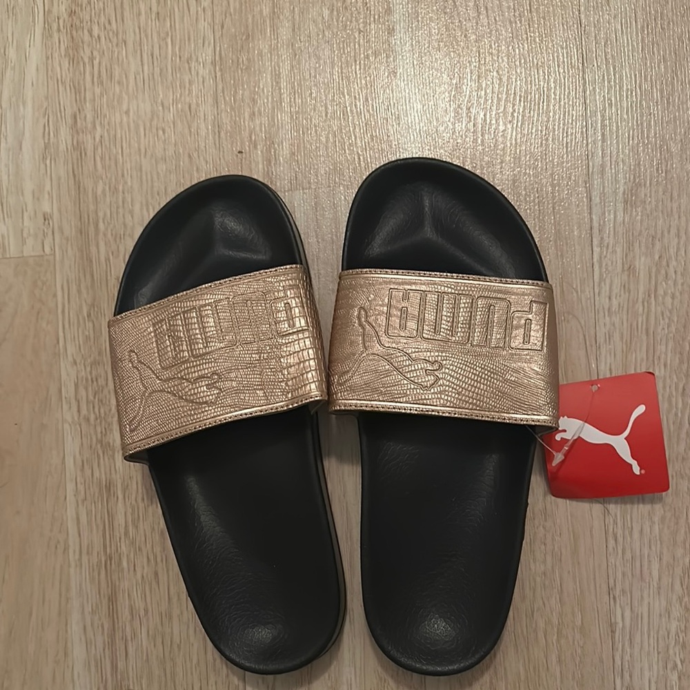 Puma Black Slides with Rose Gold Textured Strap